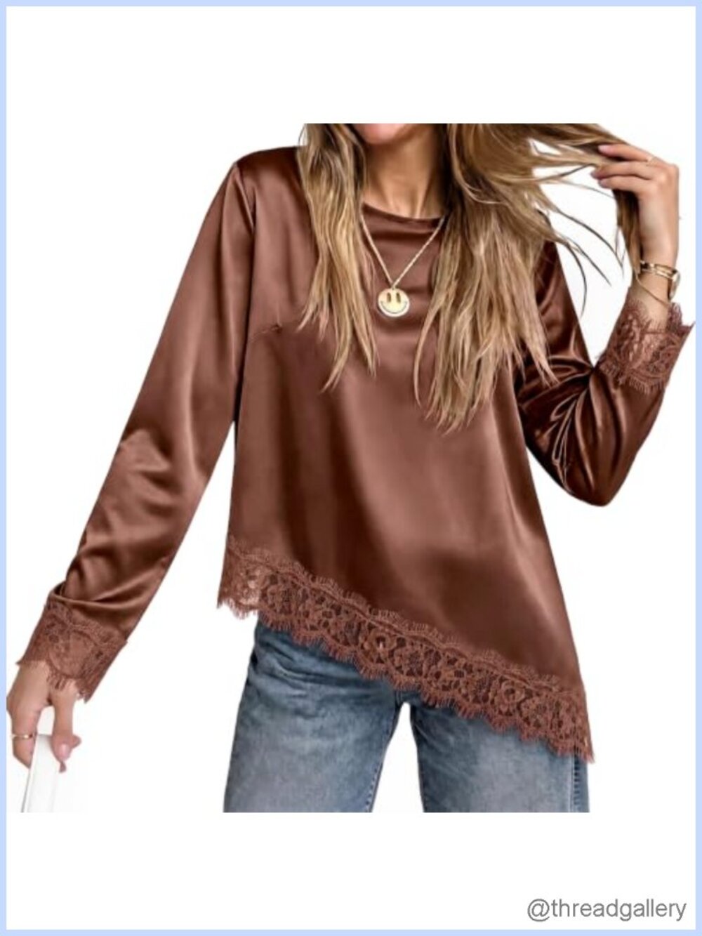 Satin Silk Blouse Long Sleeve Lace Trim Asymmetrical Dressy Casual Top